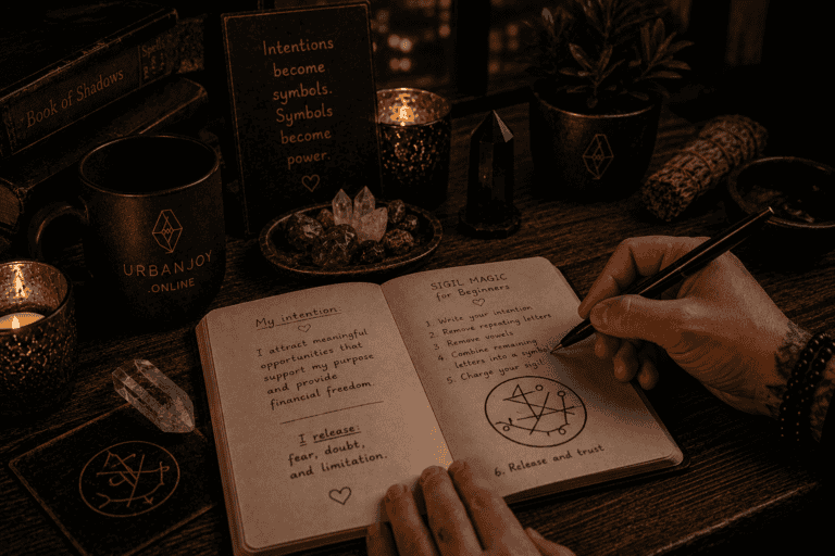 Sigil magic for beginners hand-drawn symbol on parchment beside a lit candle