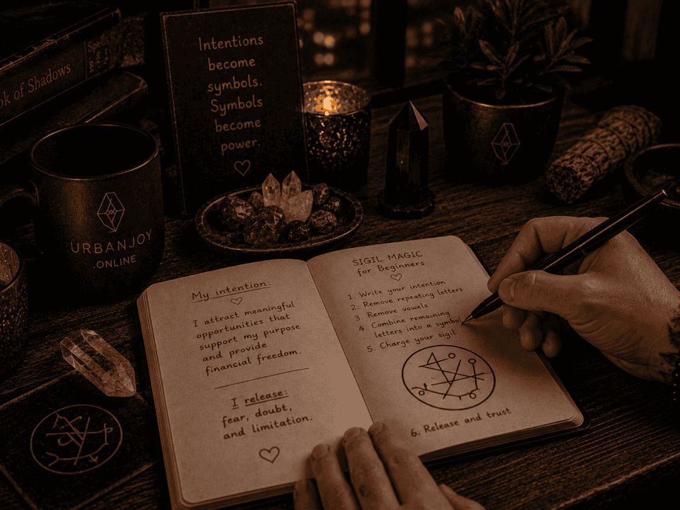 Sigil magic for beginners hand-drawn symbol on parchment beside a lit candle