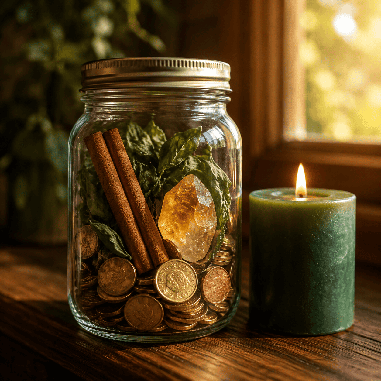Decorative jar with herbs, crystals, and coins on wooden surface near window.