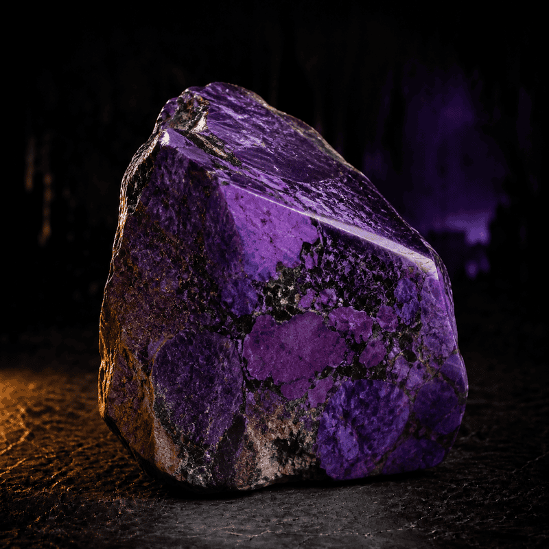 Close-up of a purple mineral stone with black and brown accents.