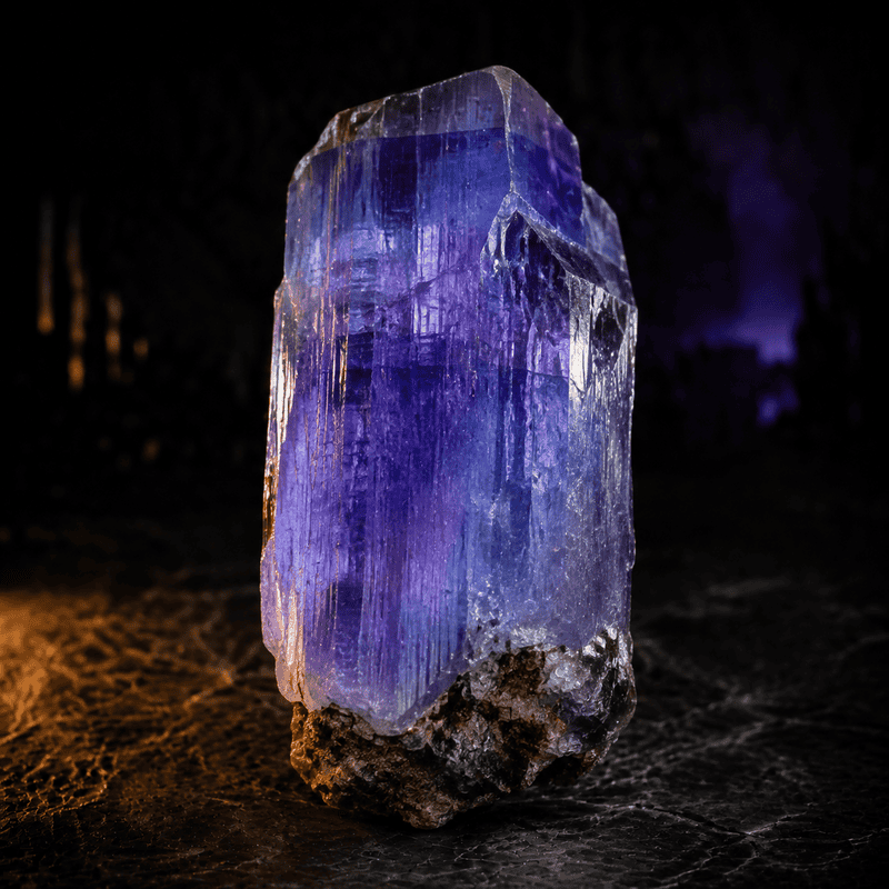 Violet crystal illuminated in a dark cave setting for visual contrast.