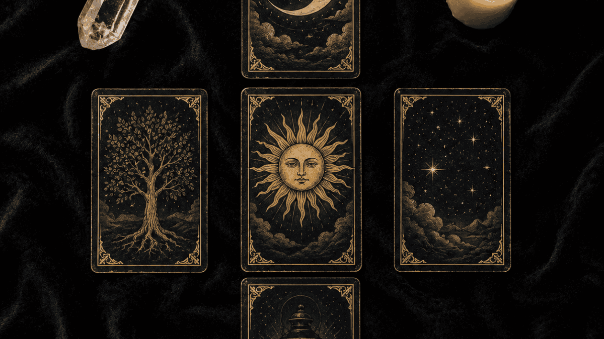 Beginner Tarot: How to Start Reading the Cards 6 Mystical tarot cards with celestial moon, sun, stars, and lantern on black velvet background.