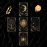 Mystical tarot cards with celestial moon, sun, stars, and lantern on black velvet background.