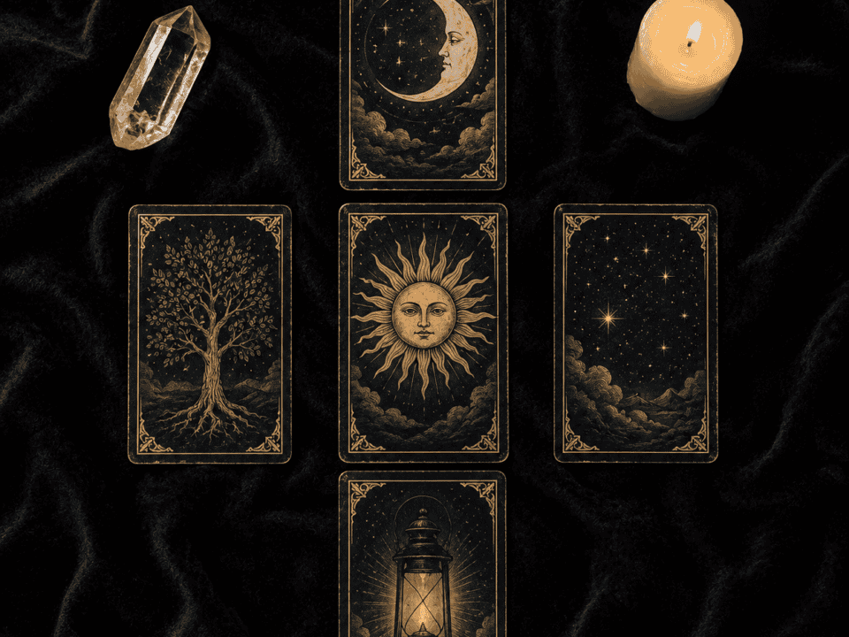 Mystical tarot cards with celestial moon, sun, stars, and lantern on black velvet background.