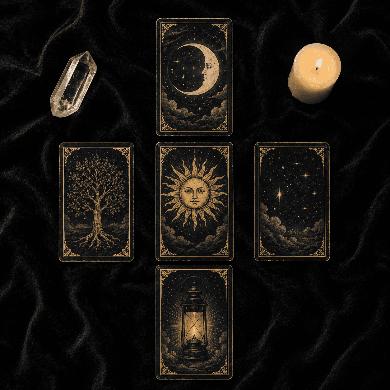 Mystical tarot cards with celestial moon, sun, stars, and lantern on black velvet background.