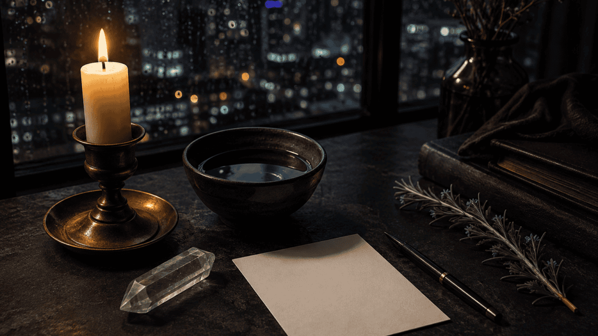 Indoor workspace with candle, paper, and pen overlooking city at night.