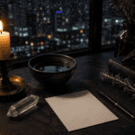 Simple Three-Minute Intention Ritual for Beginners 5 Indoor workspace with candle, paper, and pen overlooking city at night.