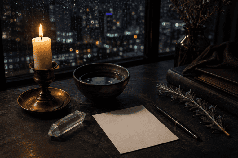 Simple Three-Minute Intention Ritual for Beginners 5 Indoor workspace with candle, paper, and pen overlooking city at night.