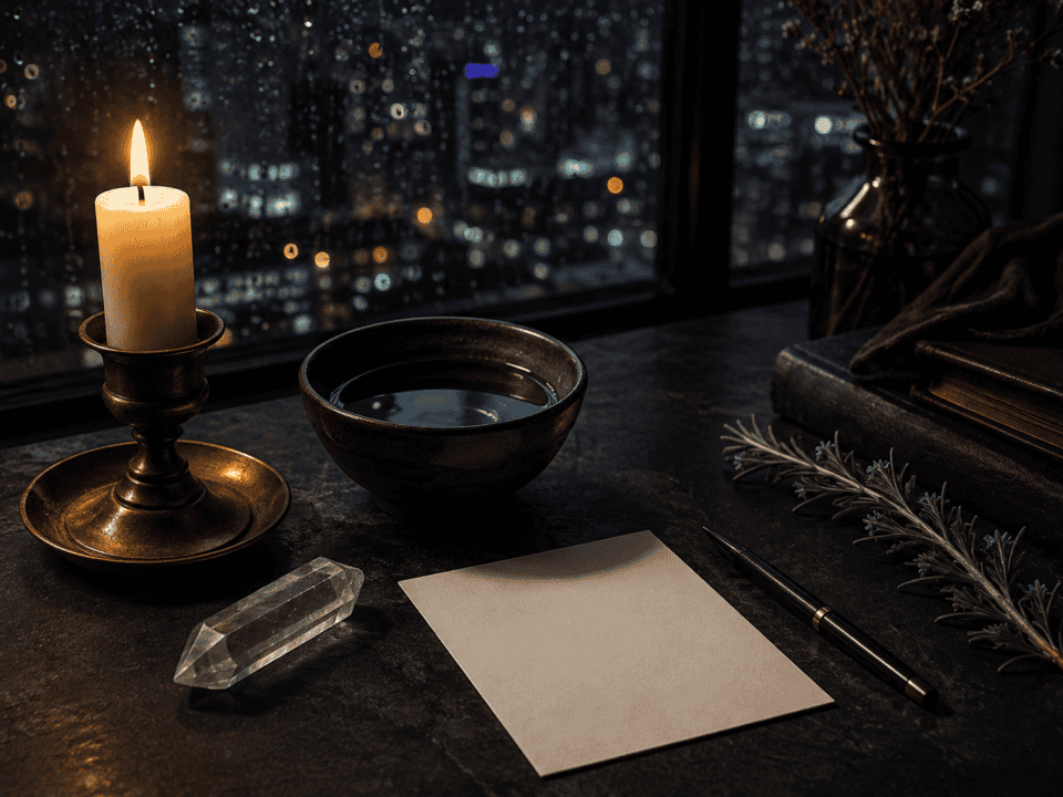Indoor workspace with candle, paper, and pen overlooking city at night.