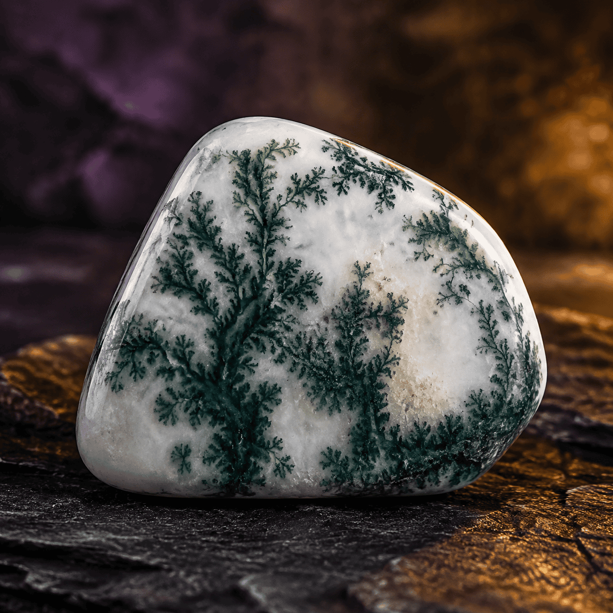 Close-up of a fossilized fern pattern on a smooth stone.