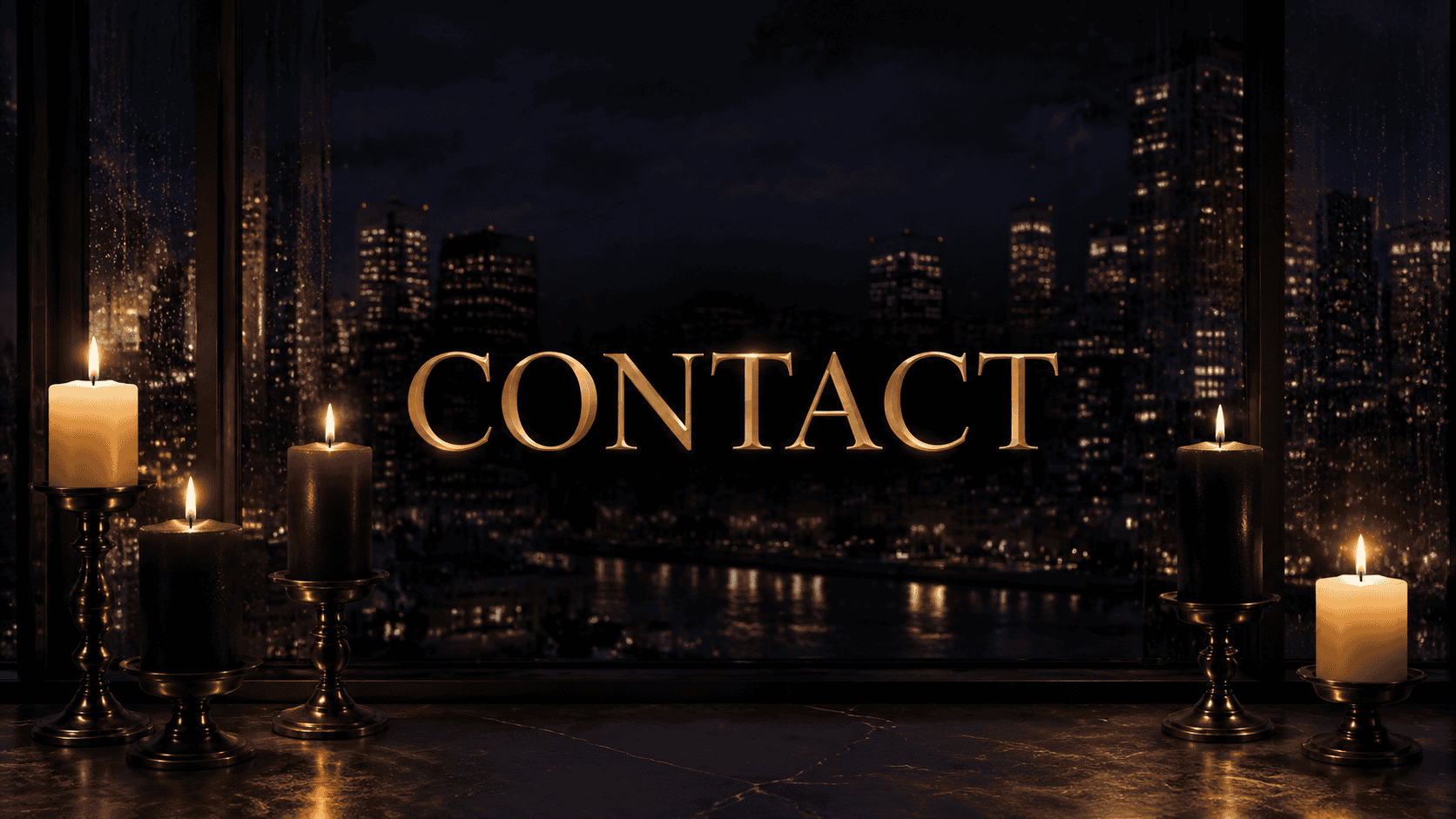 Contact page with city skyline and candles for urban lifestyle.