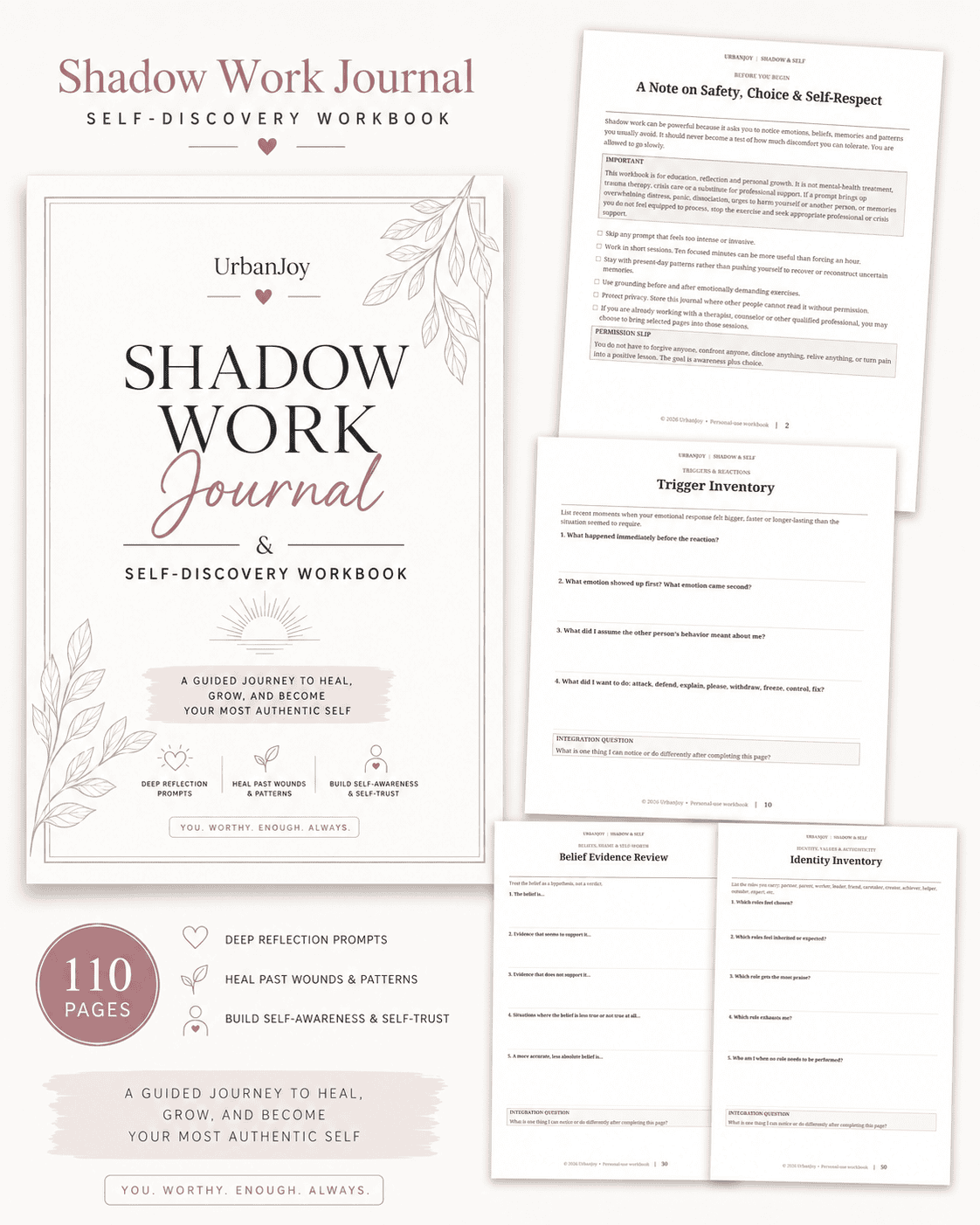 UrbanJoy Shadow Work Journal printable self-discovery workbook cover and sample pages