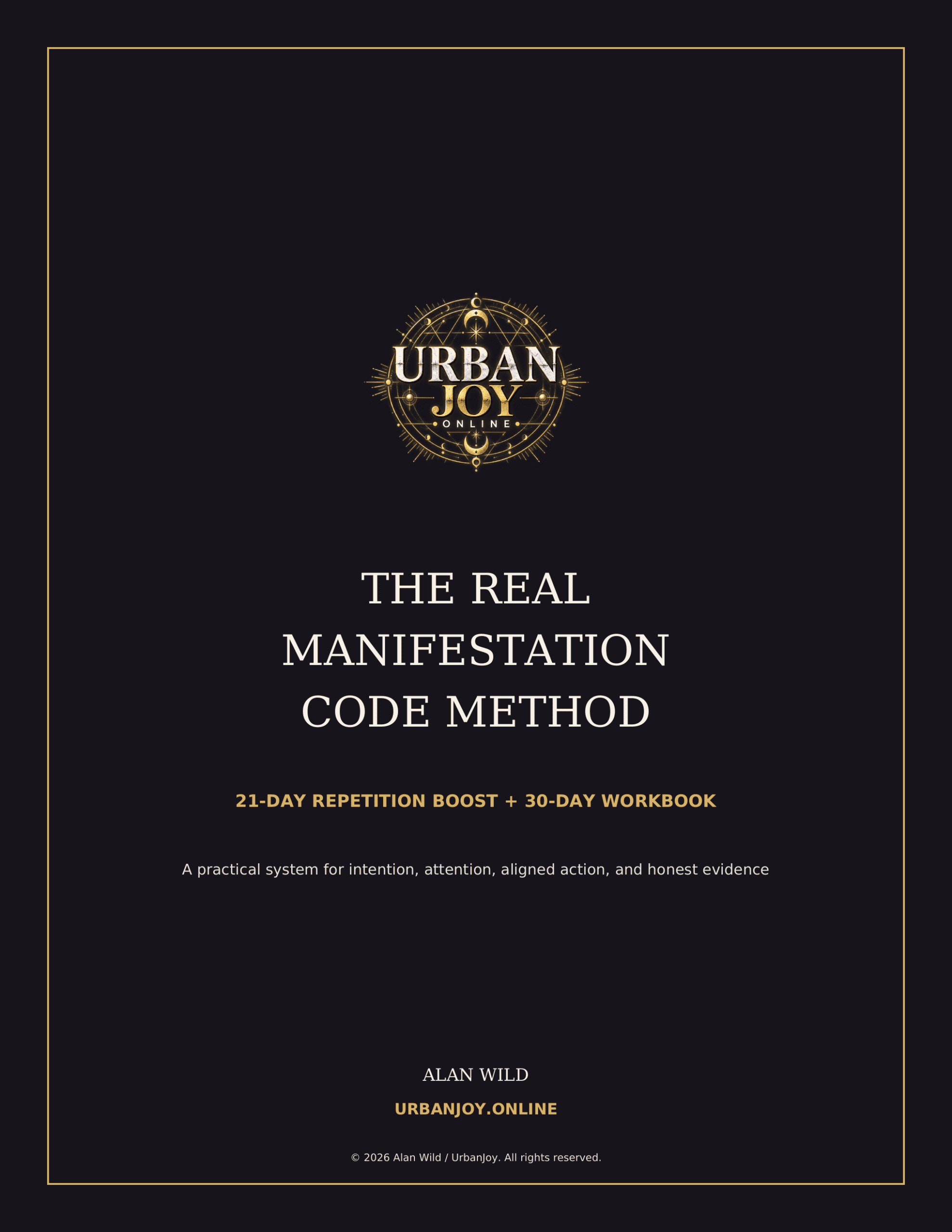 Manifestation code workbook cover with Urban Joy logo and black background.