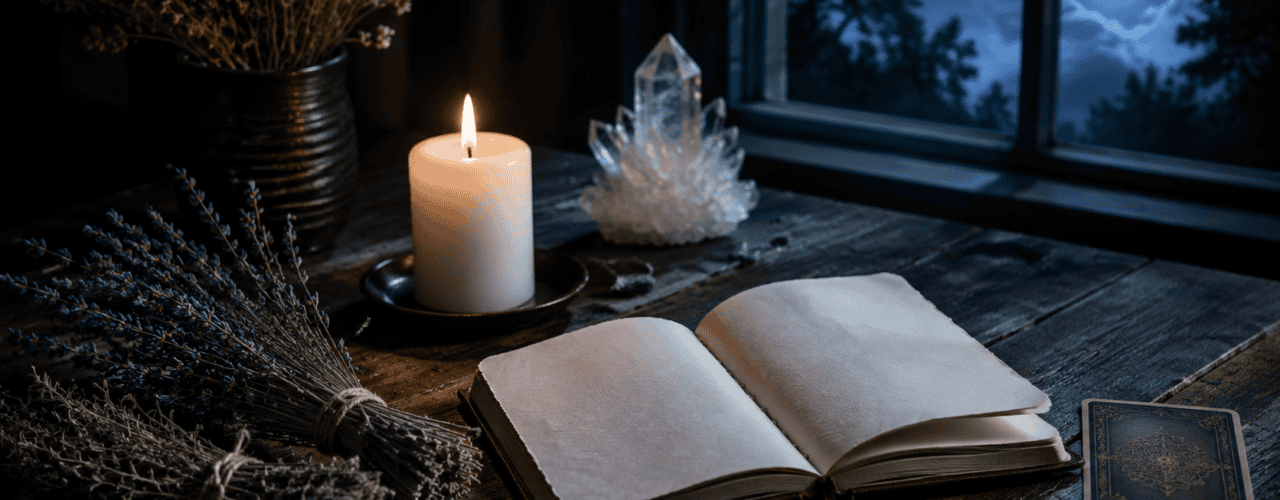 Open book on a wooden table with candle, crystals, and moonlit window.