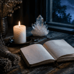 What Is Modern Witchcraft? A Beginner's Guide to Building Your Own Practice 4 Open book on a wooden table with candle, crystals, and moonlit window.