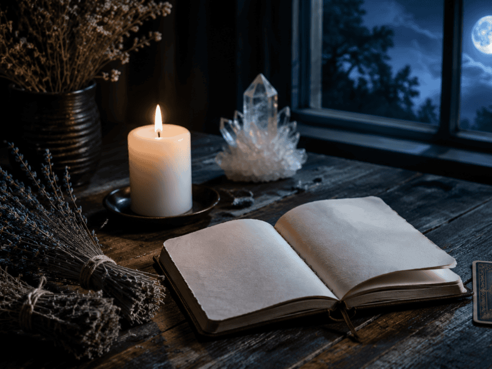 Open book on a wooden table with candle, crystals, and moonlit window.