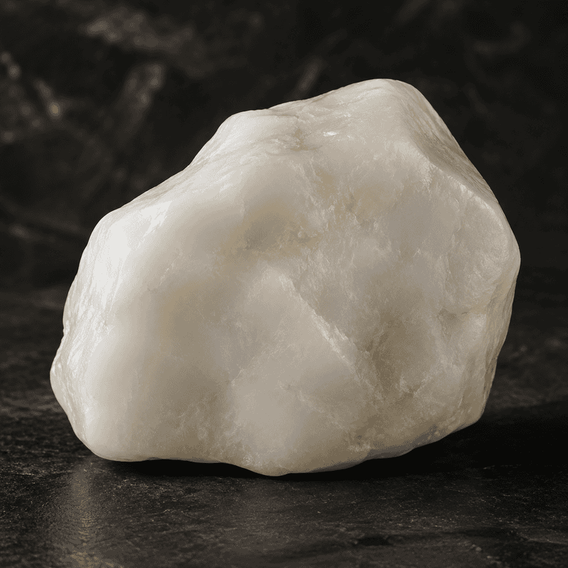 Close-up of a white salt rock on a dark background.