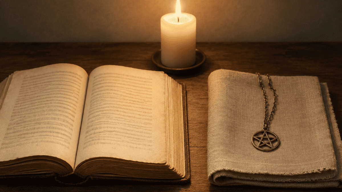 Open book, lit candle, and pentagram necklace on a wooden surface.