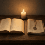 Pendulum Divination for Beginners: A Grounded Step-by-Step Guide 5 Open book, lit candle, and pentagram necklace on a wooden surface.