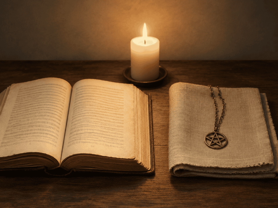 Open book, lit candle, and pentagram necklace on a wooden surface.