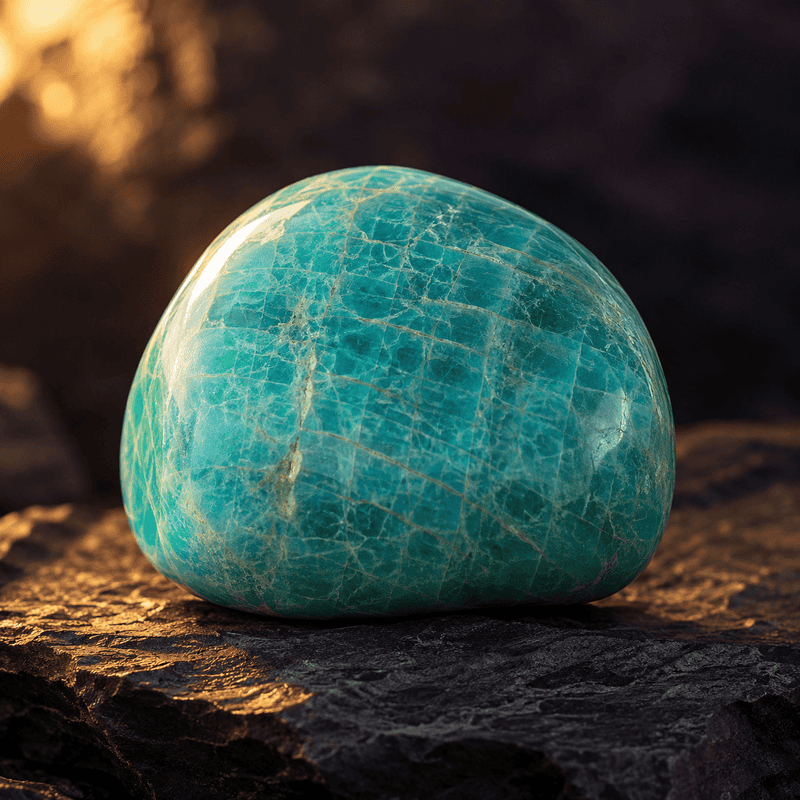 Polished Amazonite gemstone resting on a dark textured surface.
