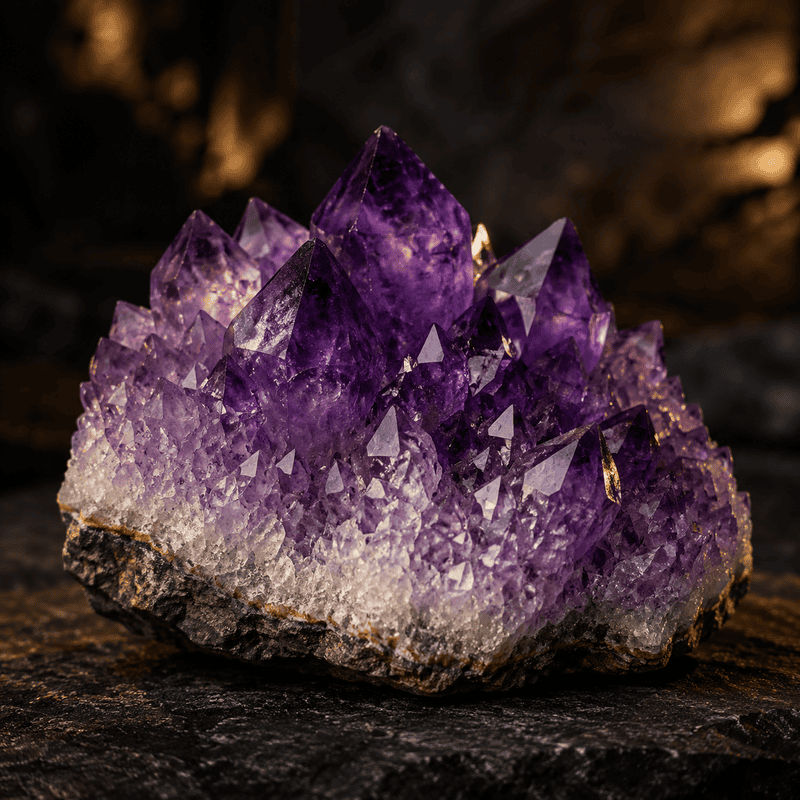 Purple amethyst crystal cluster on dark background for spiritual healing.