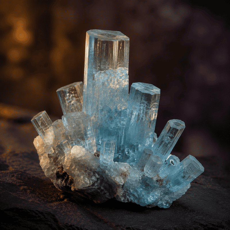 Natural blue aquamarine crystal cluster on dark background.