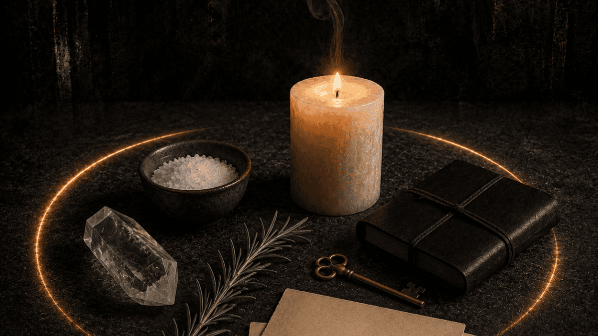 How Candle Magic Changed My Everyday Rituals 6 Everyday candle magic rituals altar with a lit pillar candle, journal cards, rosemary, and a key.