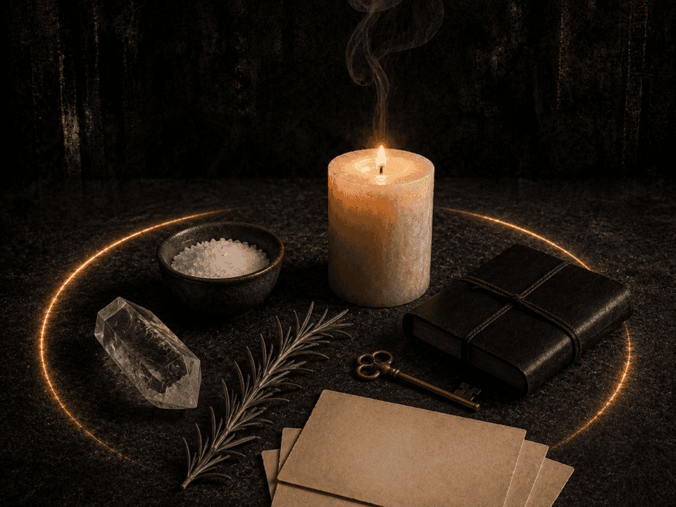 Everyday candle magic rituals altar with a lit pillar candle, journal cards, rosemary, and a key.