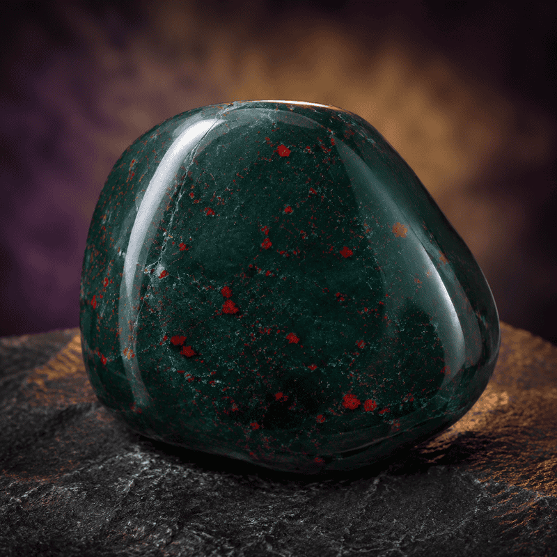 Polished green jasper stone with red specks on dark textured surface.