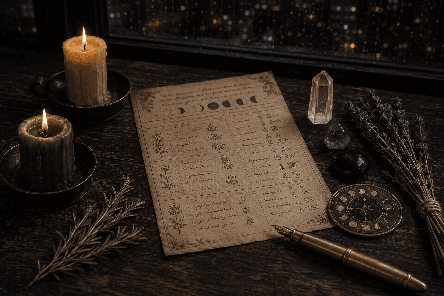 Tarot card reading with candles, crystals, and herbs on a dark wooden table.