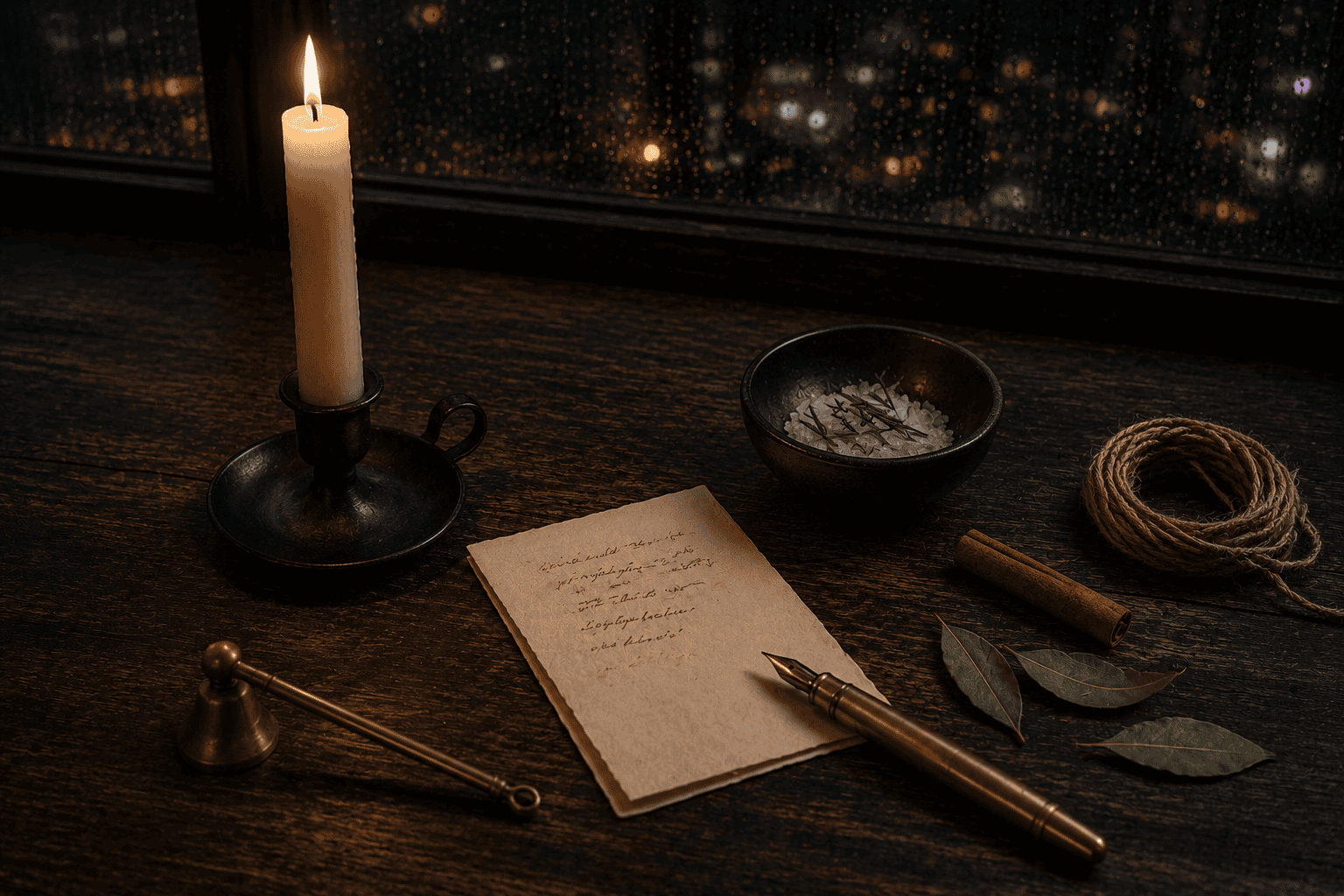 Warm candlelit scene with paper, pen, and tea on a wooden table at night.