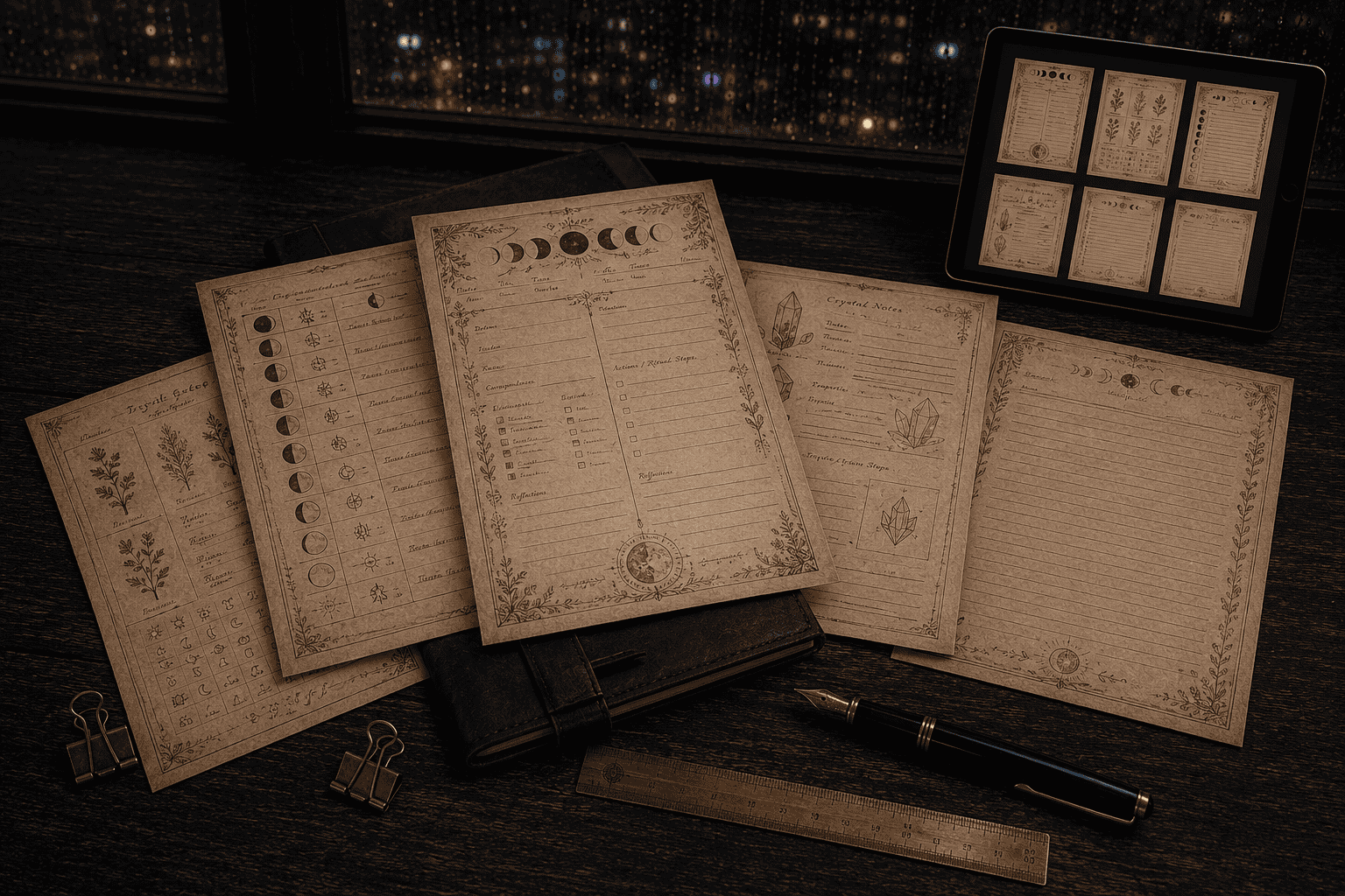Vintage astrology and tarot charts with a tablet displaying related images.