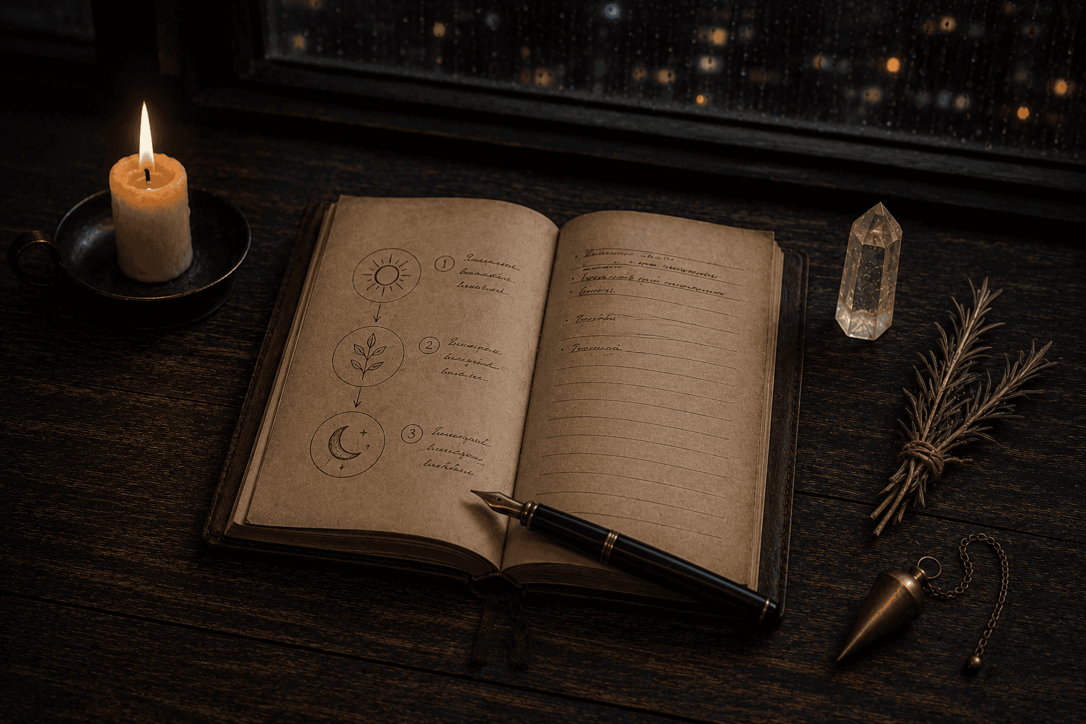 Open journal with mystical symbols, candle, and crystals on a dark wooden table.