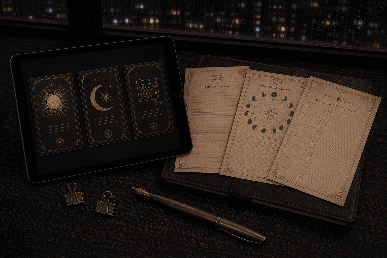 Astrology and tarot cards on a dark wooden desk with a tablet and pen.