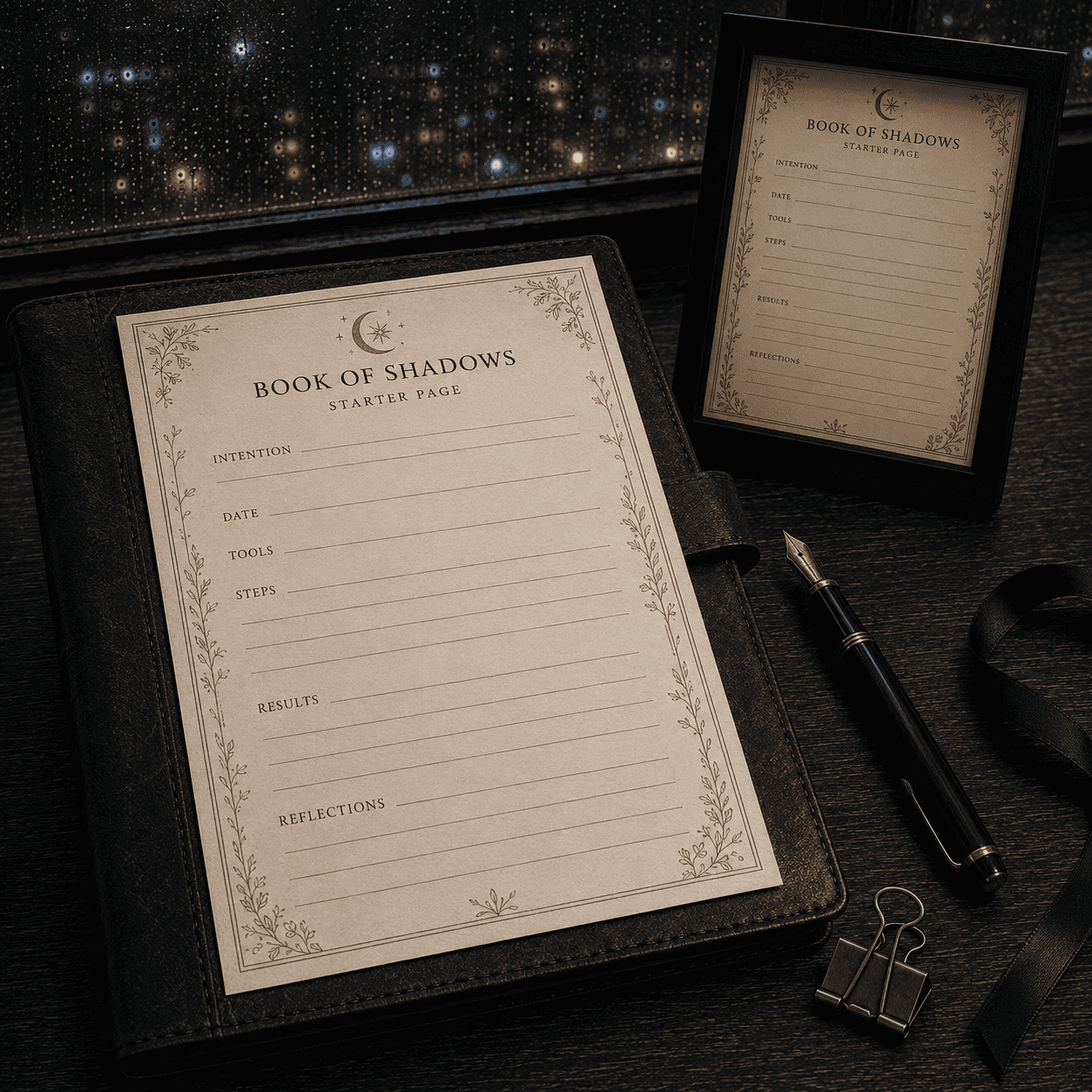 The Complete Book of Shadows: A Printable Guide & Personal Magical Record 4 Wicca Book of Shadows journal with pen and binder clips on wooden surface.