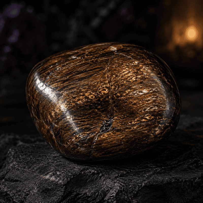 Polished brown jasper stone on dark textured background for healing and meditation.