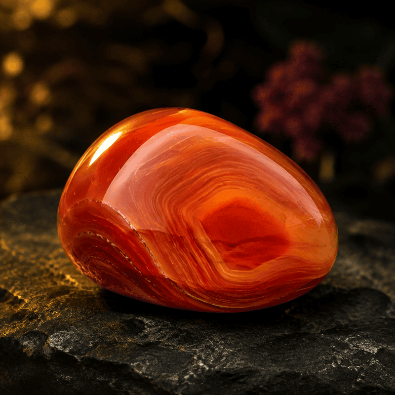 Polished red agate stone with vibrant banding on dark background.