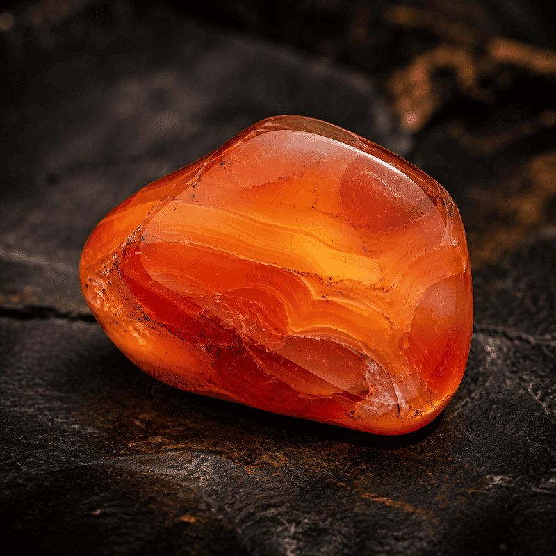 Polished orange carnelian gemstone on dark textured background.
