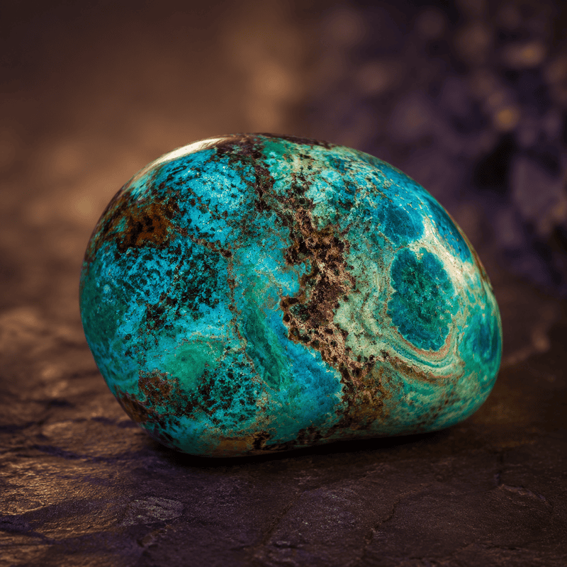 Close-up of a vibrant turquoise and brown polished stone on dark surface.