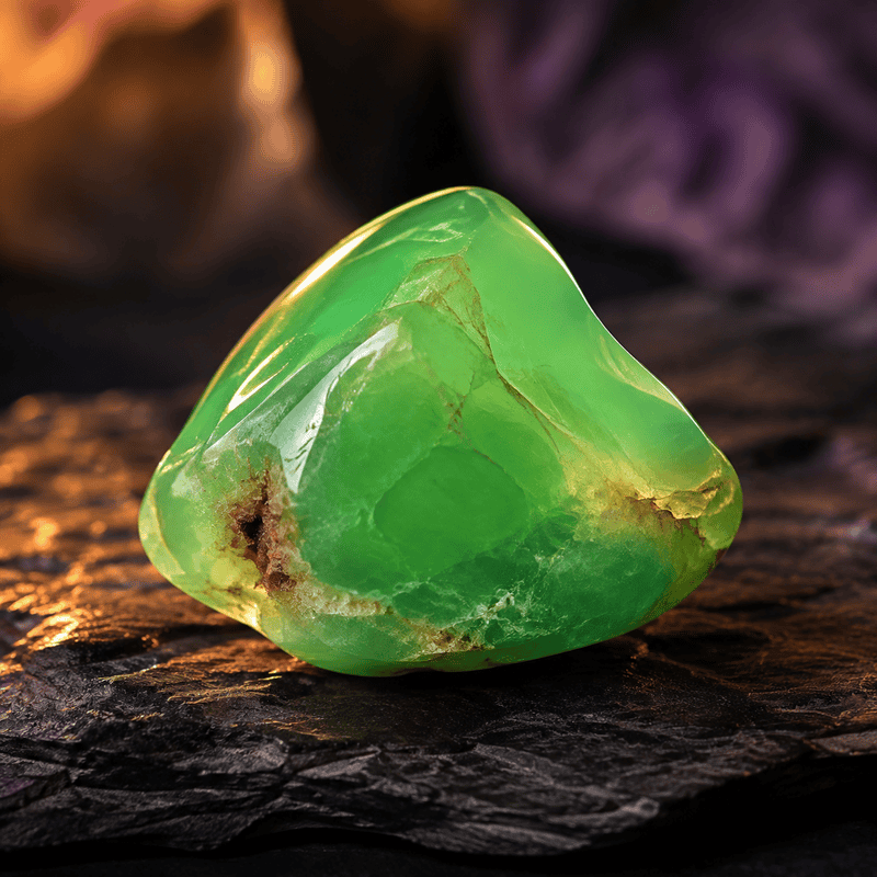 Close-up of a polished green jade gemstone on dark textured surface.