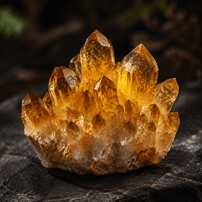 Golden quartz crystal cluster on dark surface, natural mineral specimen.