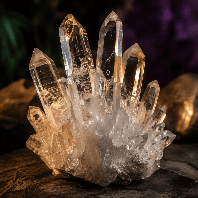 Close-up of a clear quartz crystal cluster on dark background.