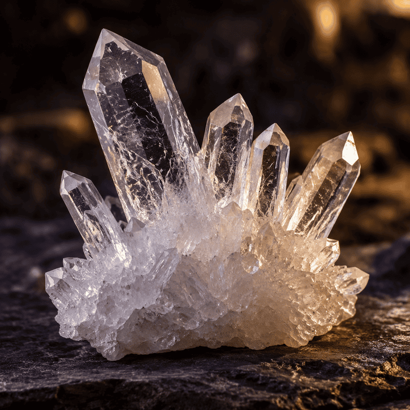 Close-up of a clear quartz crystal cluster on dark surface.