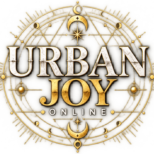 Urban Joy Online logo with celestial and geometric design elements.