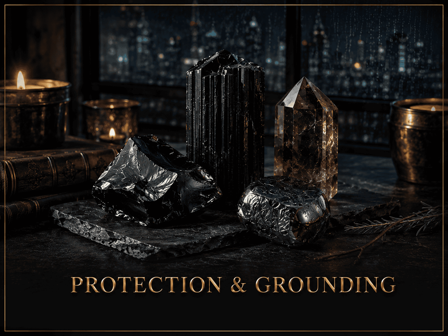 Black tourmaline, smoky quartz, and other grounding crystals on dark background.