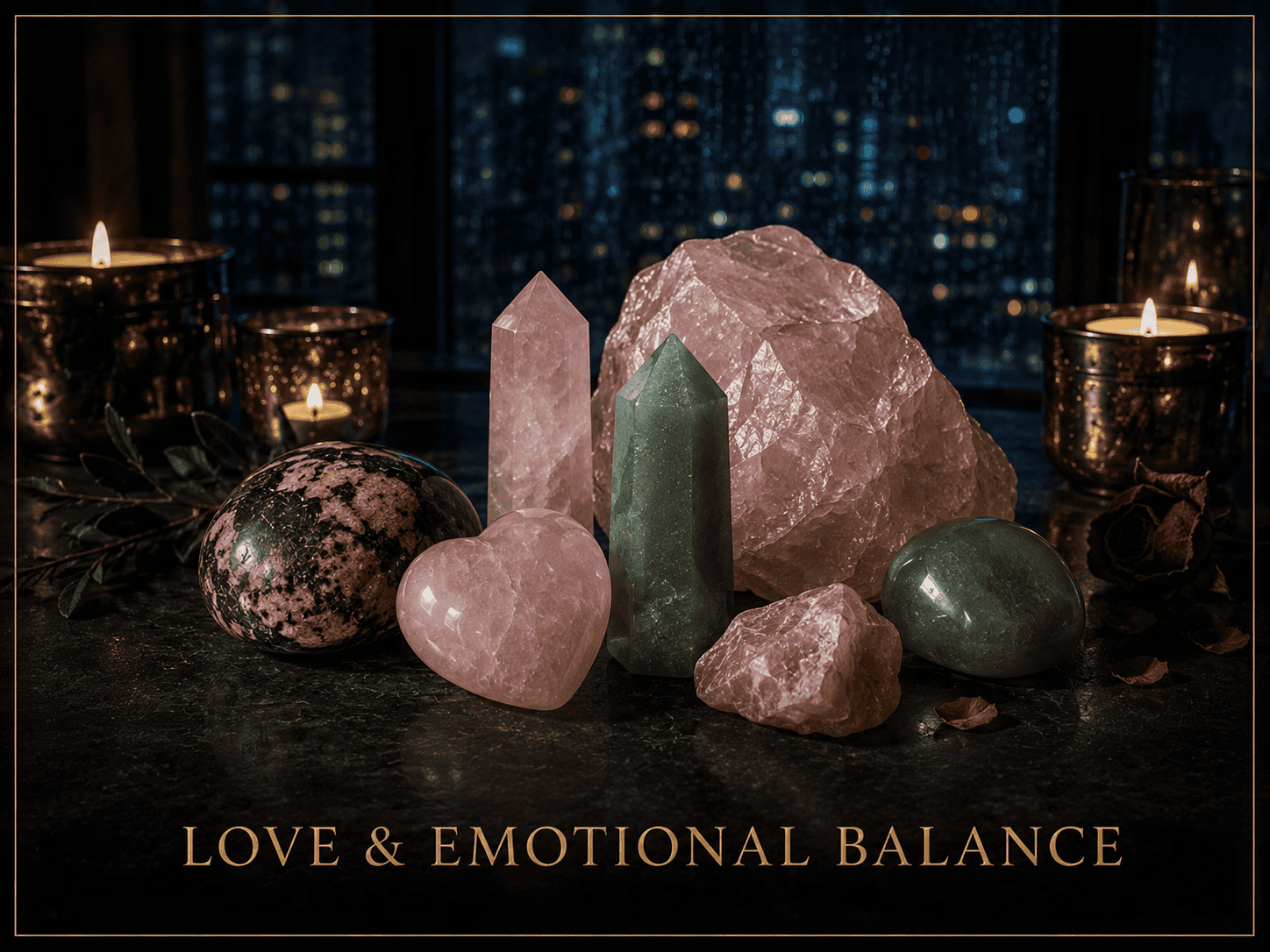 Collection of healing crystals for love and emotional balance on dark background.