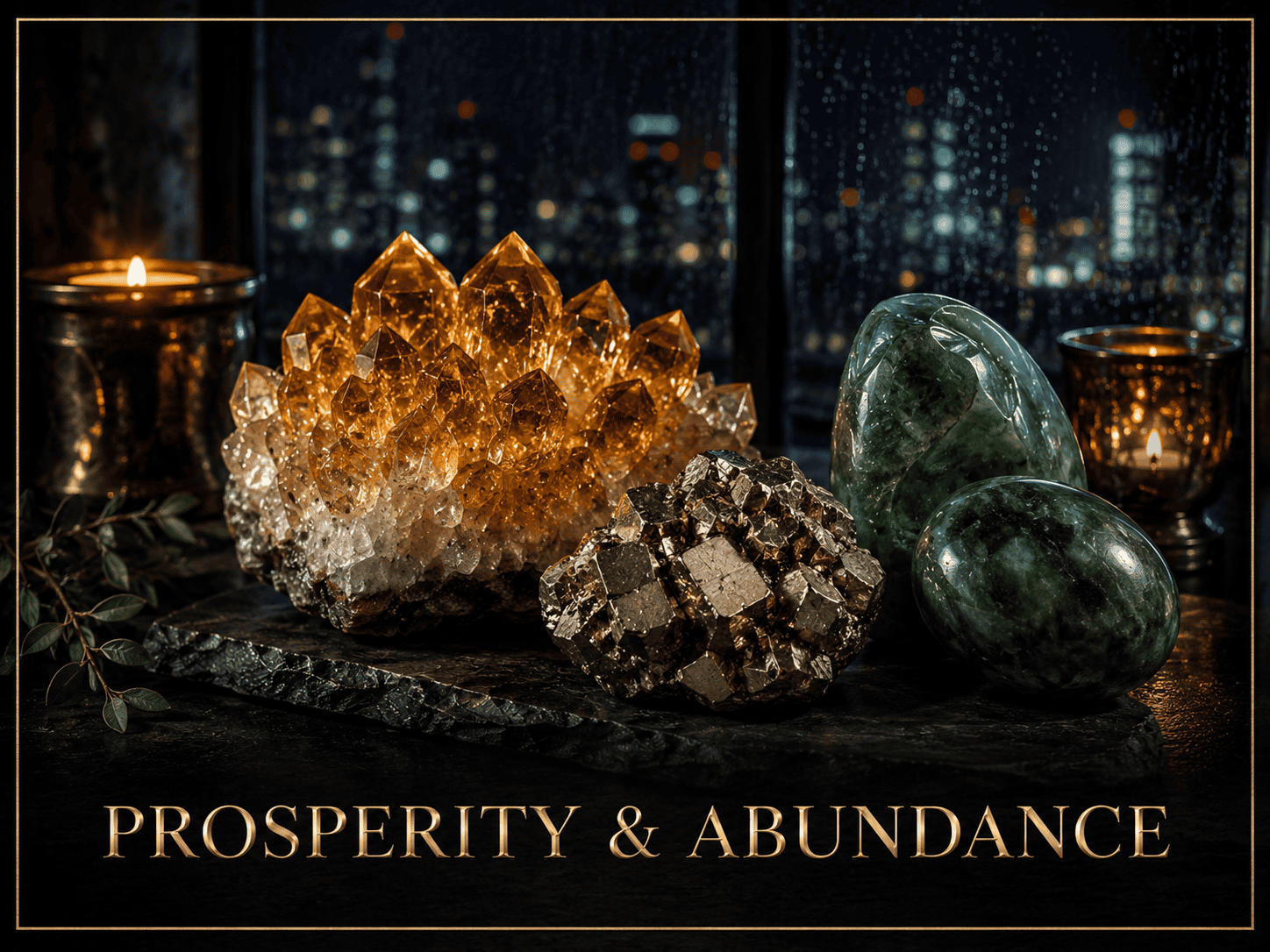 Crystals for prosperity and abundance on a dark background with city lights.