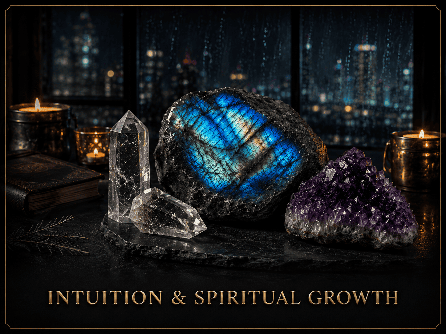 Labradorite crystal with candles for intuition and spiritual growth.