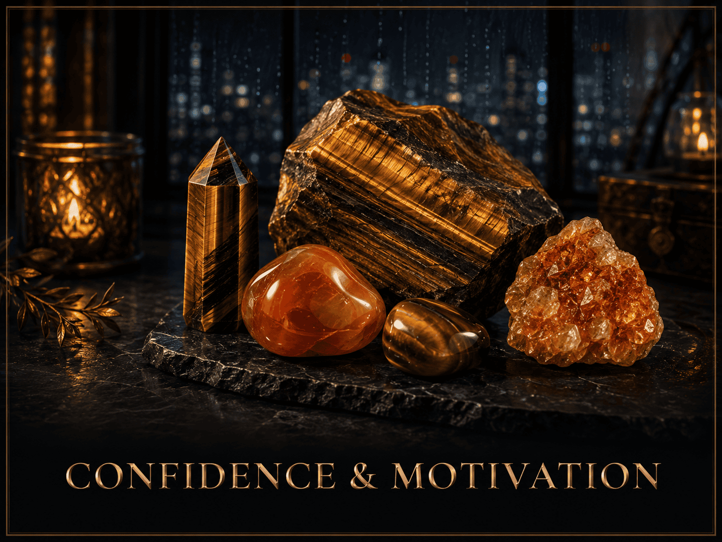 Collection of polished and raw crystals for confidence and motivation.